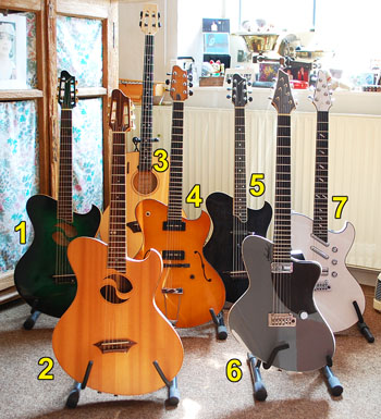 Key to Hugh Featherstone's seven Kraushaar guitars