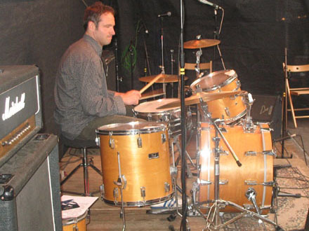 Adam Buschmann on drums at Weltfest on Boxhagener Platz, Berlin, 2006