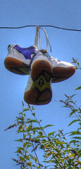 two old trainers hanging on the line at The Cheshire Cat Blog two old trainers hanging on the line at The Cheshire Cat Blog