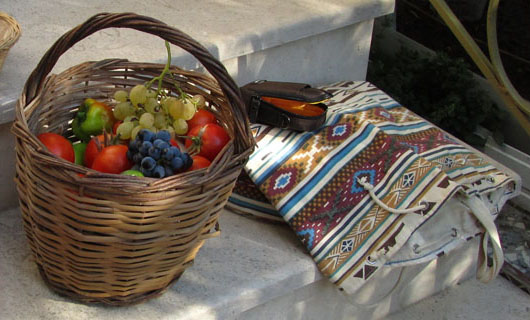 Basket of summer fruits, Nea Vrasna, Macedonia, Greece at The Cheshire Cat Blog