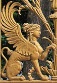 Sphinx on the gate of Schlemann's mansion, Athens, Greece at The Cheshire Cat Blog