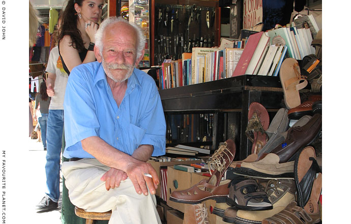 Sandal maker in Monastiraki, Athens at The Cheshire Cat Blog