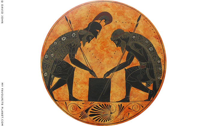 Achilles and Ajax playing a board game, from a black-figure vase by Exekias, circa 540 BC at The Cheshire Cat Blog