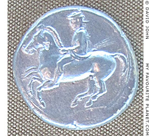 A silver didrachm coin of the Macedonian King Archelaos in Pella, Macedonia, Greece