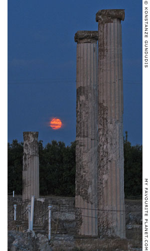 The moon rises behind the columns of the House of Dionysos, Pella, Macedonia, Greece at The Cheshire Cat Blog