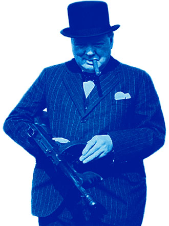 Winston Churchill inspects a Tommy gun at The Mysterious Edwin Drood's Column