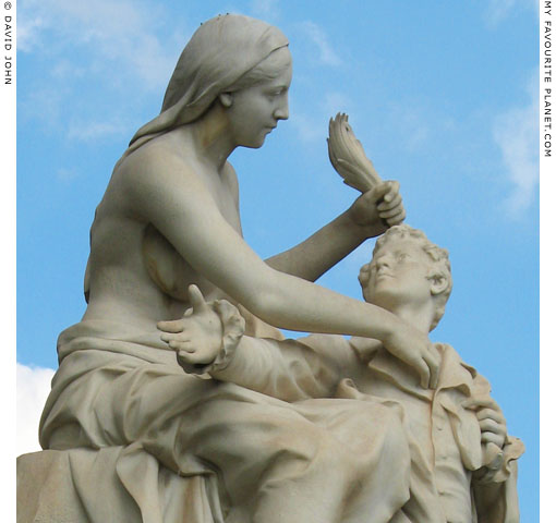 Statue of Lord Byron and Hellas in the National Gardens, Athens, Greece at the Mysterious Edwin Drood's Column