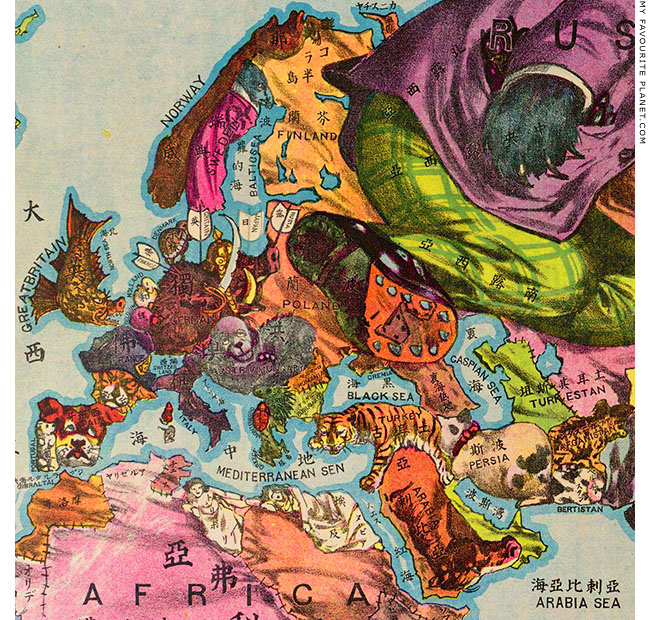 Satirical map of the world at the Mysterious Edwin Drood's Column
