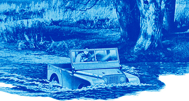 A Land Rover Defender drives through water at the Mysterious Edwin Drood's Column