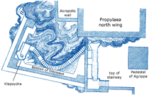 See a plan of the northwest corner of the Acropolis and the stairs to the Klepsydra below