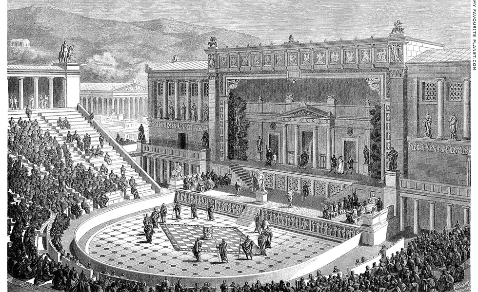 A reconstruction drawing of the Theatre of Dionysos during the Roman period at My Favourite Planet