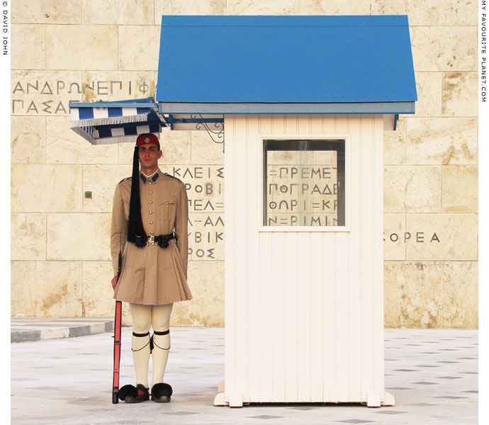 Evzone stands guard at the Tomb of the Unknown Soldier, Syntagma Square, Athens, Greece at My Favourite Planet