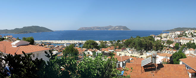 Panoramic view of Kastellorizo island, Greece from the harbour of Kas in Turkey Panoramic view of Kastellorizo island, Greece from the harbour of Kas in Turkey