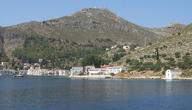 The west side of the main harbour and Mount Vigla, Kastellorizo, Greece at My Favourite Planet