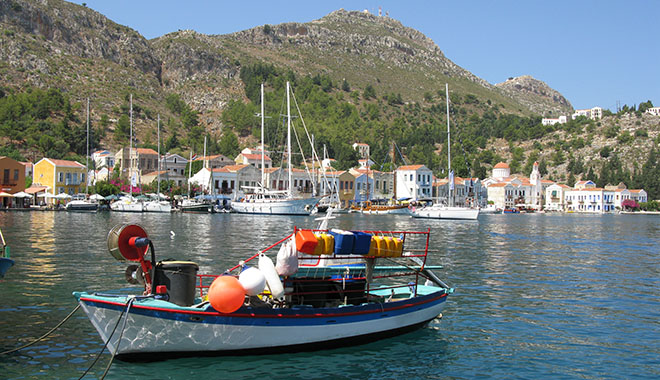 Boats moored in Kastellorizo harbour, Greece at My Favourite Planet