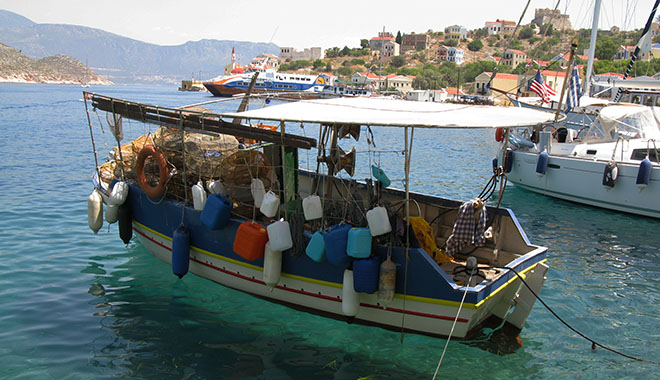 Fishing boat in Kastellorizo harbour, Greece at My Favourite Planet