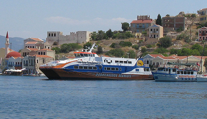 The Dodekanisos Express high-speed catamaran ferry in Kastellorizo harbour, Greece at My Favourite Planet