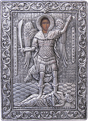 Silver icon of Archangel Michael, Agios Giorgos Tou Pigadiou church, Kastellorizo, Greece at My Favourite Planet