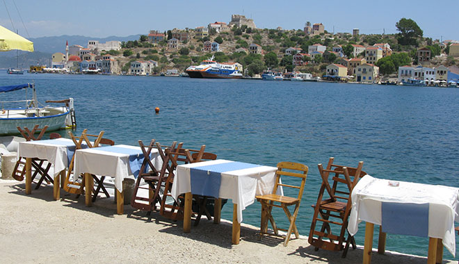 harbour-side restaurant tables during siesta time, Kastellorizo, Greece at My Favourite Planet