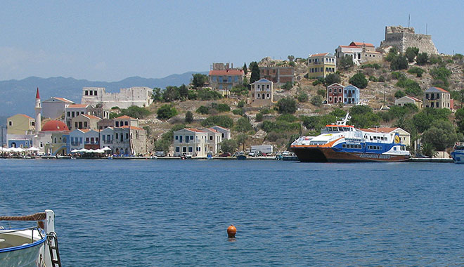 The Dodekanisos Express high-speed catamaran ferry in Kastellorizo harbour, Greece at My Favourite Planet