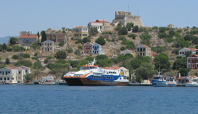 The Dodekanisos Express high-speed catamaran ferry in Kastellorizo harbour, Greece at My Favourite Planet