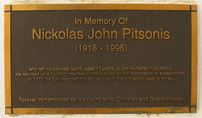 Memorial plaque to Nickolas John Pitsonis, Kastellorizo, Greece at My Favourite Planet