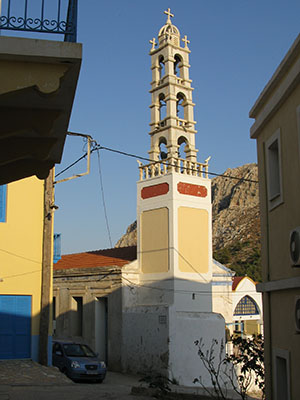 The belltower of Agios Konstantinos kai Eleni church in the Horafia district of Kastellorizo, Greece at My Favourite Planet