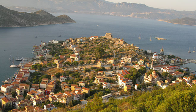 Overview of the Kavos headland and Kastellorizo town, Greece at My Favourite Planet