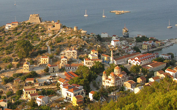 Overview of the Kavos headland, Mandraki harbour and Horafia district, Kastellorizo, Greece at My Favourite Planet