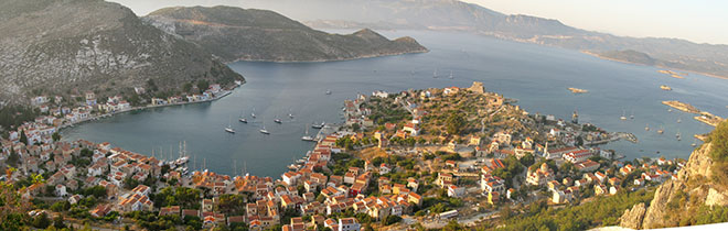 Panoramic view northwards across Kastellorizo harbour from the cliff at My Favourite Planet