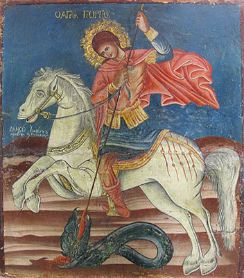 Icon of Agios Giorgos (Saint George) killing the dragon in Kastellorizo Archaeological Museum, Greece at My Favourite Planet