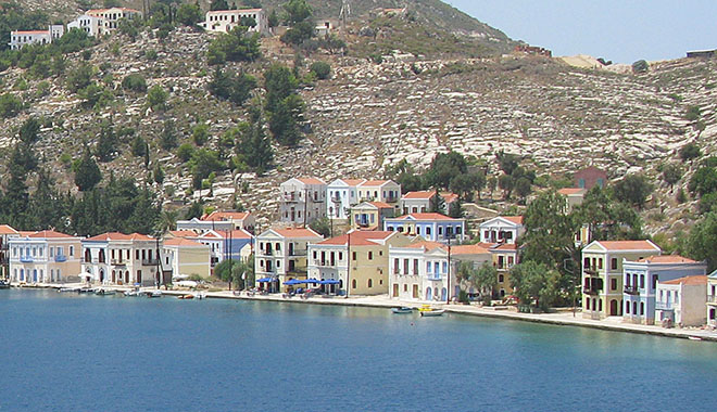 Harbour-side houses on 25th March Street, Kastellorizo, Greece at My Favourite Planet