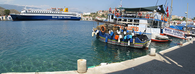 The Diagoras ferry manoeuvres in Kastellorizo harbour, Greece at My Favourite Planet