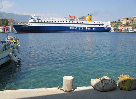 The Diagoras ferry turning in Kastellorizo harbour, Greece at My Favourite Planet