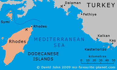 Map of Rhodes and Kastellorizo in the Dodecanese islands at My Favourite Planet