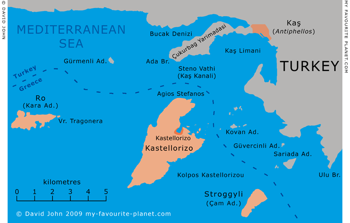 Map of Kastellorizo and surrounding islands in the Dodecanese, Greece and the Lycian coast at My Favourite Planet
