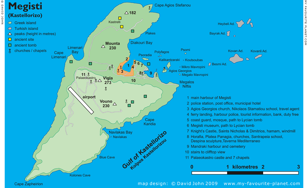 Detailed map of Kastellorizo island in the Dodecanese islands, Greece at My Favourite Planet