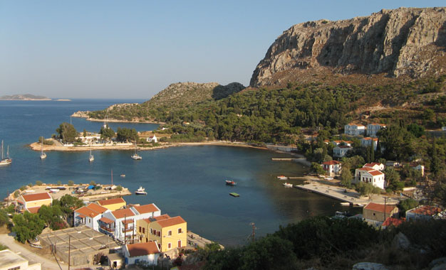 Mandraki harbour and the church of Agios Savvas from the Knights' Castle, Kastellorizo, Greece at My Favourite Planet