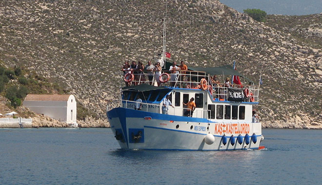The Meis Express ferry from Kas arrives in Kastellorizo, Greece at My Favourite Planet