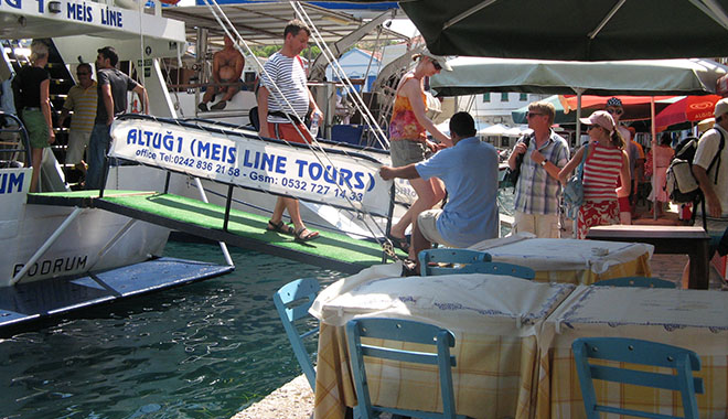 Passengers arrive in Kastellorizo harbour, Greece, on the Altug Meis Lines ferry from Kas in Turkey at My Favourite Planet