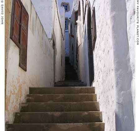 A stepped street up to the Monastery of Saint John in the main village Hora, Patmos, Greece at My Favourite Planet A stepped street up to the Monastery of Saint John in the main village Hora, Patmos, Greece at My Favourite Planet