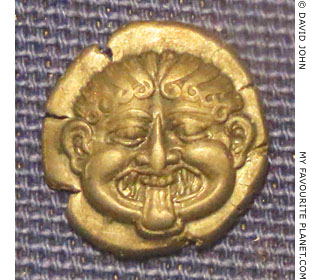 Gorgoneion on a silver hemidrachm coin of Neapolis, Macedonia, Greece at My Favourite Planet