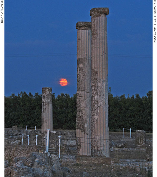 The full moon rising behind the Ionic columns of the House of Dionysos, Pella, Macedonia, Greece