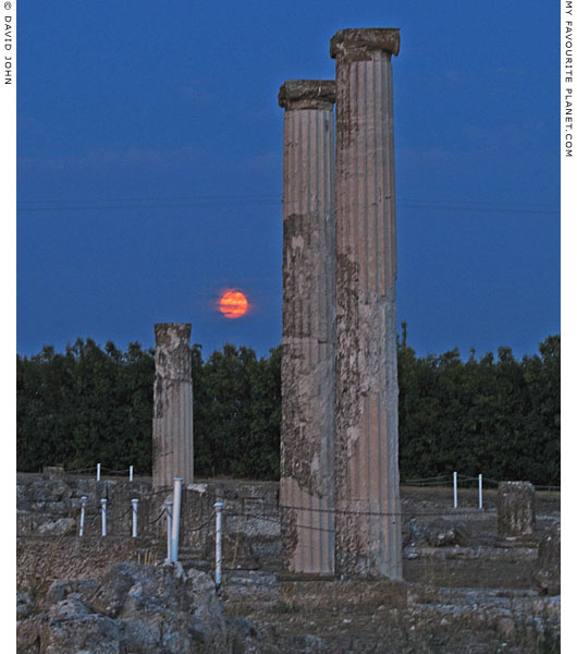 The full moon rising behind the Ionic columns of the House of Dionysos, Pella, Macedonia, Greece The full moon rising behind the Ionic columns of the House of Dionysos, Pella, Macedonia, Greece