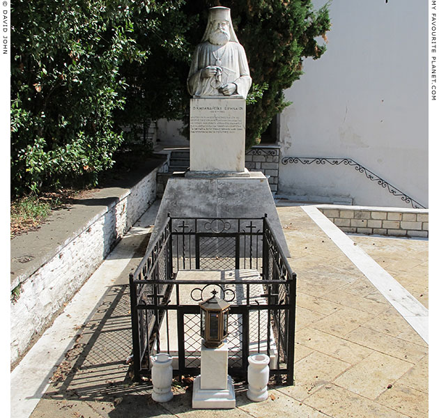 The grave of Metropolitan Kassandreias Eirinaios in the churchyard of Agios Nikolaos, Polygyros, Halkidiki, Macedonia, Greece at My Favourite Planet
