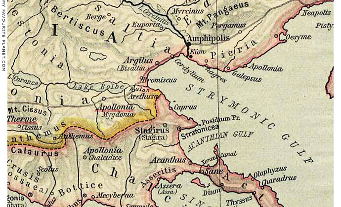 Map showing the position of Ancient Stageira, Halkidiki, Macedonia, Greece at My Favourite Planet