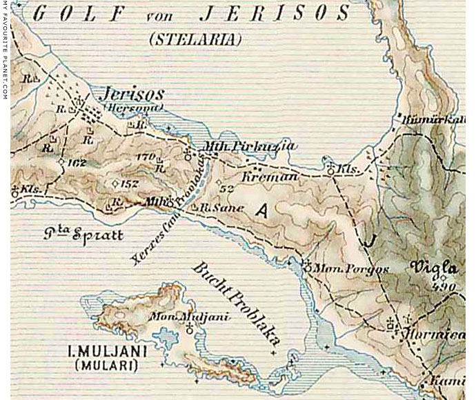 Austrian military map showing the Xerxes Canal, Halkidiki, Macedonia, Greece at My Favourite Planet