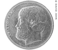 Modern Greek five Drachma coin with a portrait of Aristotle