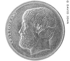Modern Greek five Drachma coin with a portrait of Aristotle. Modern Greek five Drachma coin with a portrait of Aristotle