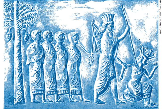 Darius the Great killing a rebel while four prisoners watch Darius the Great killing a rebel while four prisoners watch